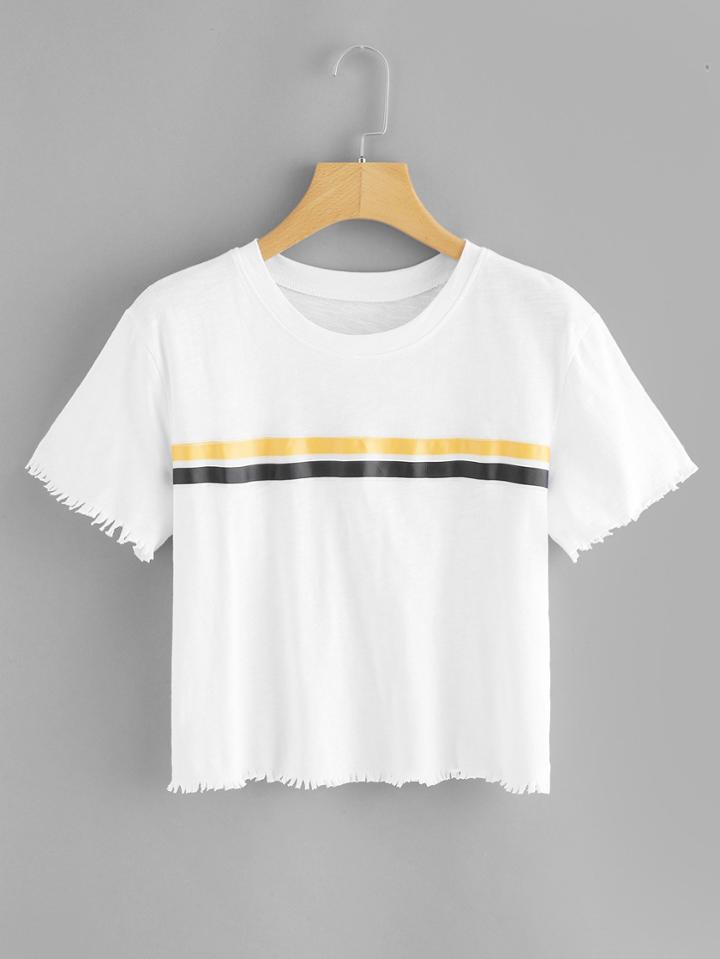 Romwe Striped Tape Side Fringe Trim Tee
