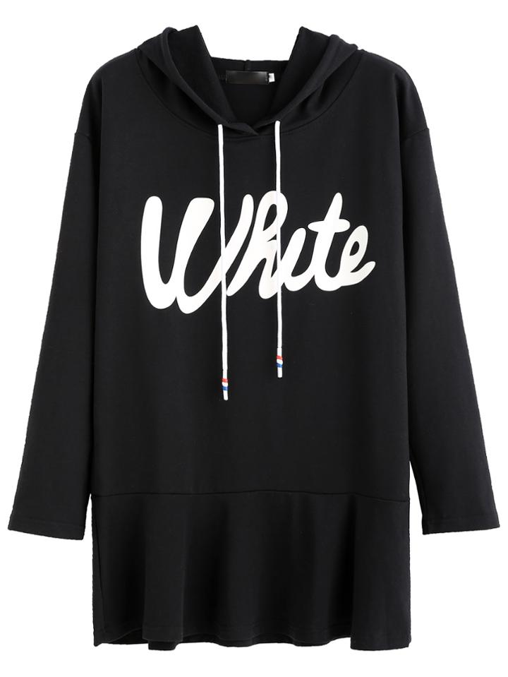Romwe Black Hooded Letters Print Drop Waist Dress