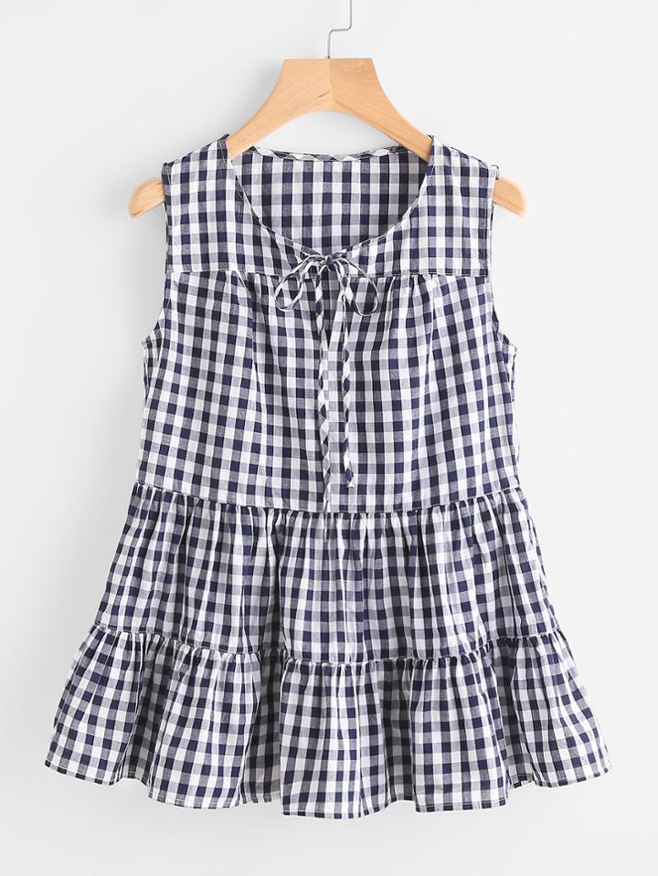 Romwe Tie Front Tiered Gingham Top