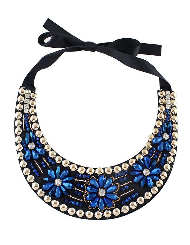 Romwe Blue Beads Flower Collar Necklace