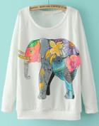 Romwe Elephant Print Loose White Sweatshirt