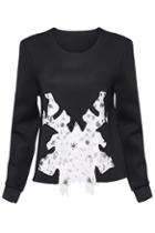 Romwe Floral Lace Embellished Sweatshirt--black