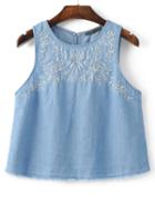 Romwe Blue Sleeveless Embroidery Raw-edgeed Cut Vest