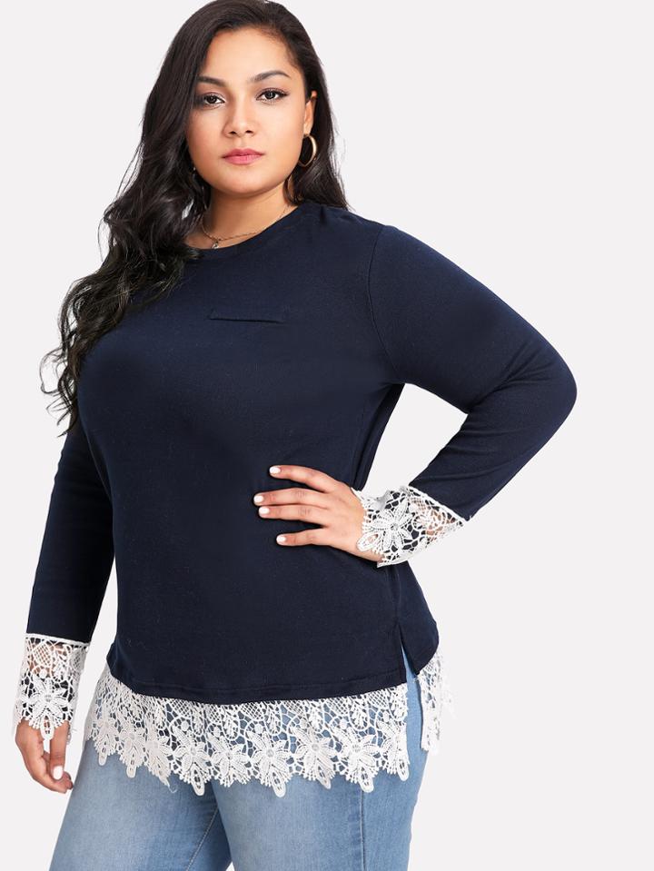 Romwe Lace Panel Split Hem Tee