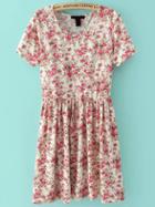 Romwe Short Sleeve Florals Pleated Red Dress