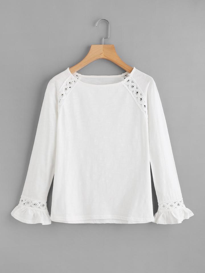 Romwe Hollow Lace Panel Ruffle Cuff Tee
