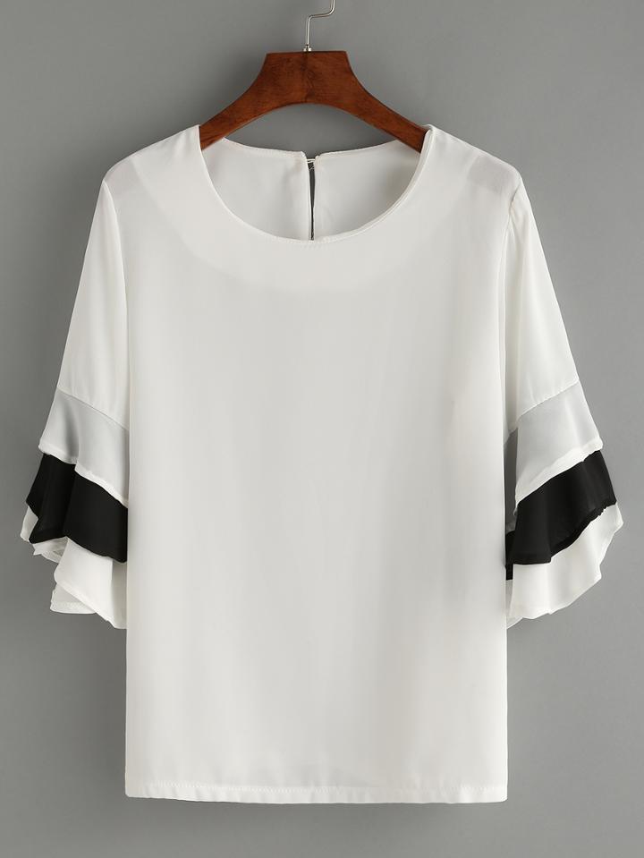 Romwe Ruffled Tiered Sleeve Chiffon Blouse - White