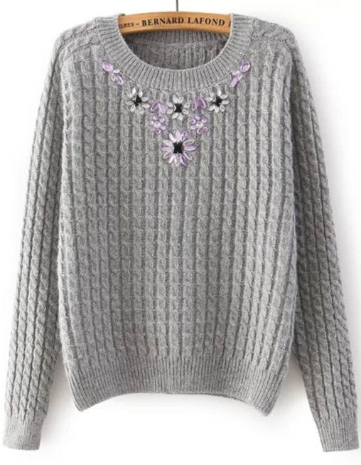 Romwe Grey Long Sleeve Embroidered Cable Knit Sweater