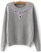 Romwe Grey Long Sleeve Embroidered Cable Knit Sweater