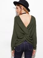 Romwe Army Green Double V Neck Knotted Back Sweater