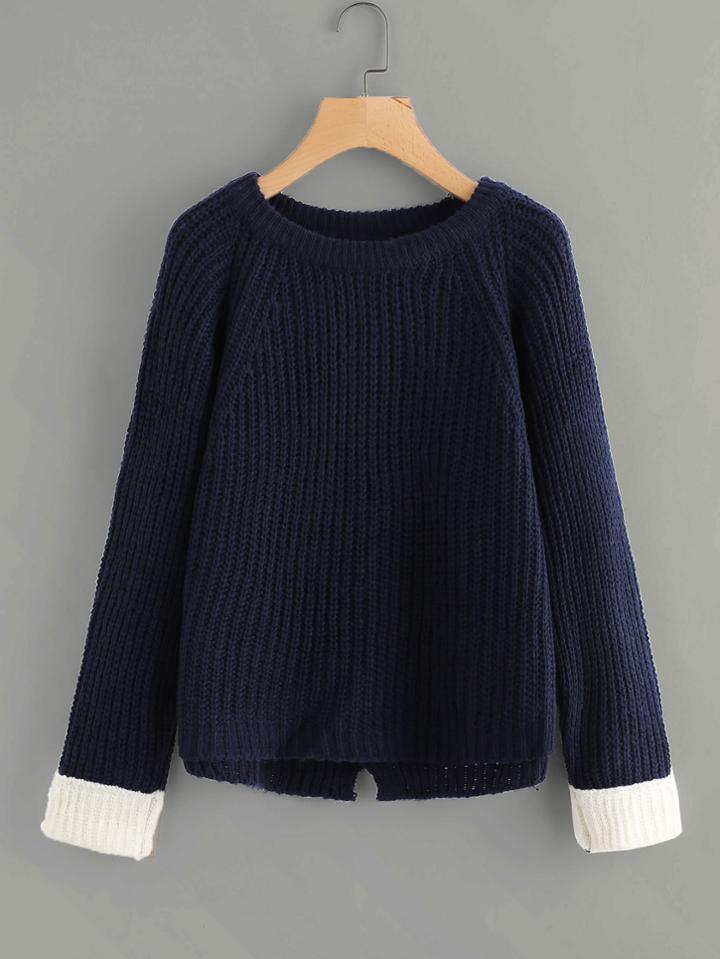Romwe Contrast Cuff Cut Out Hem Sweater