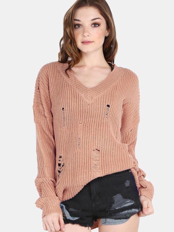 Romwe Distressed Waffle Knit Sweater Camel