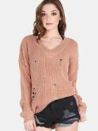 Romwe Distressed Waffle Knit Sweater Camel