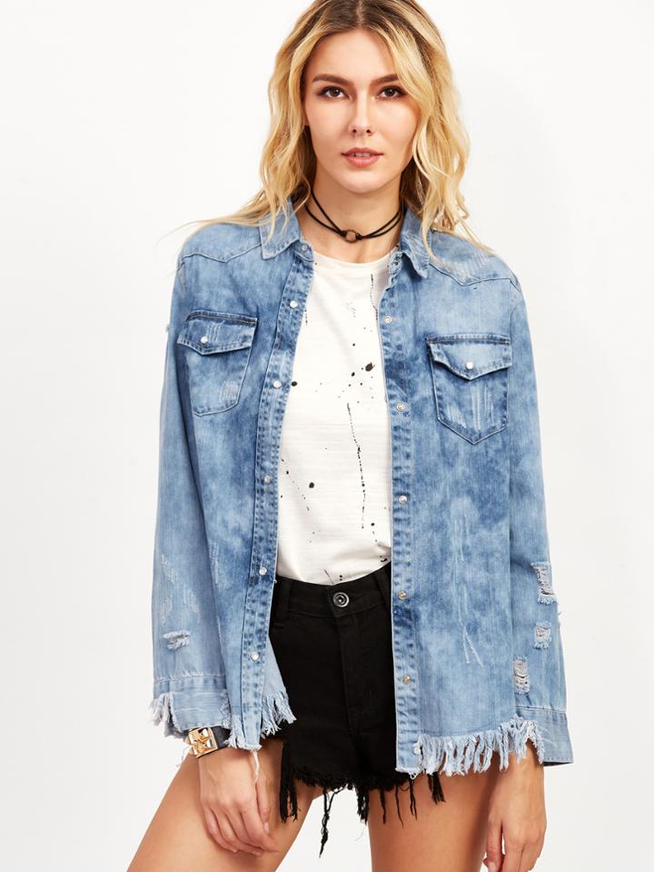 Romwe Blue Bleach Wash Ripped Raw Hem Denim Coat