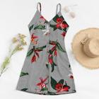 Romwe Floral & Striped Button Through Tie Back Cami Dress