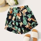 Romwe Floral And Plants Print Ruffle Trim Shorts