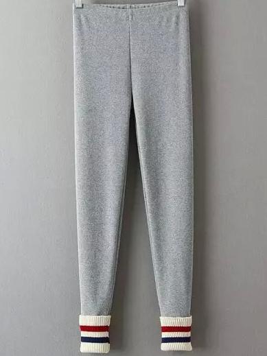 Romwe Elastic Waist Striped Slim Pale Grey Leggings