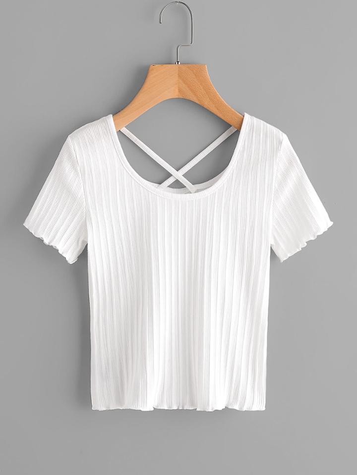 Romwe Criss Cross Back Lettuce Edge Trim Ribbed Tee