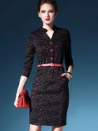 Romwe Multicolor V Neck Length Sleeve Drawstring Pockets Print Dress