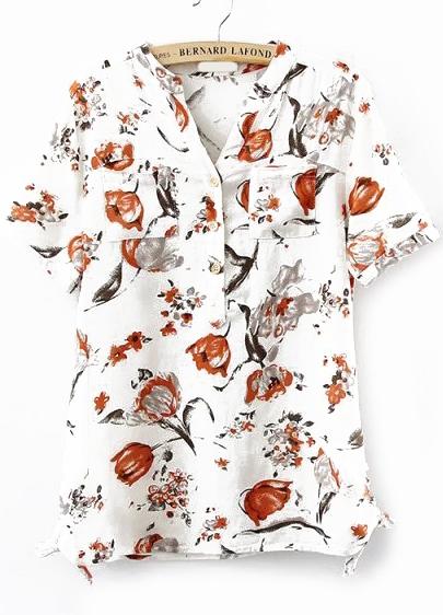 Romwe V Neck With Pockets Flower Print Red Top