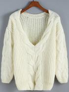 Romwe V Neck Cable Knit Apricot Sweater