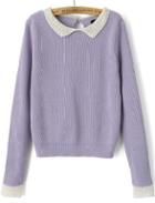 Romwe Contrast Collar Crop Knit Purple Sweater