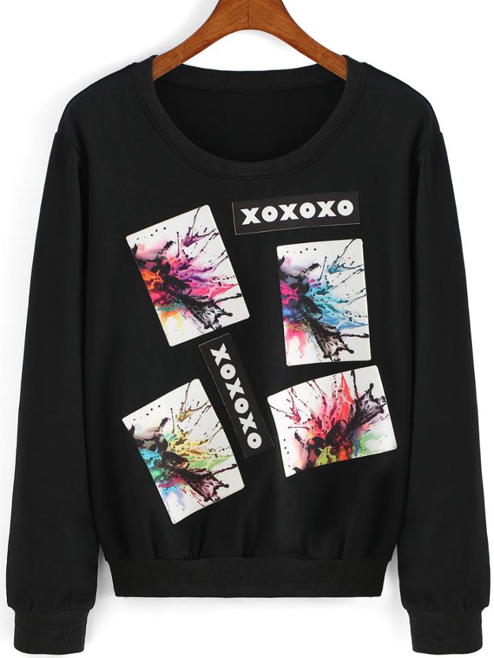 Romwe Round Neck Patch Black Sweatshirt