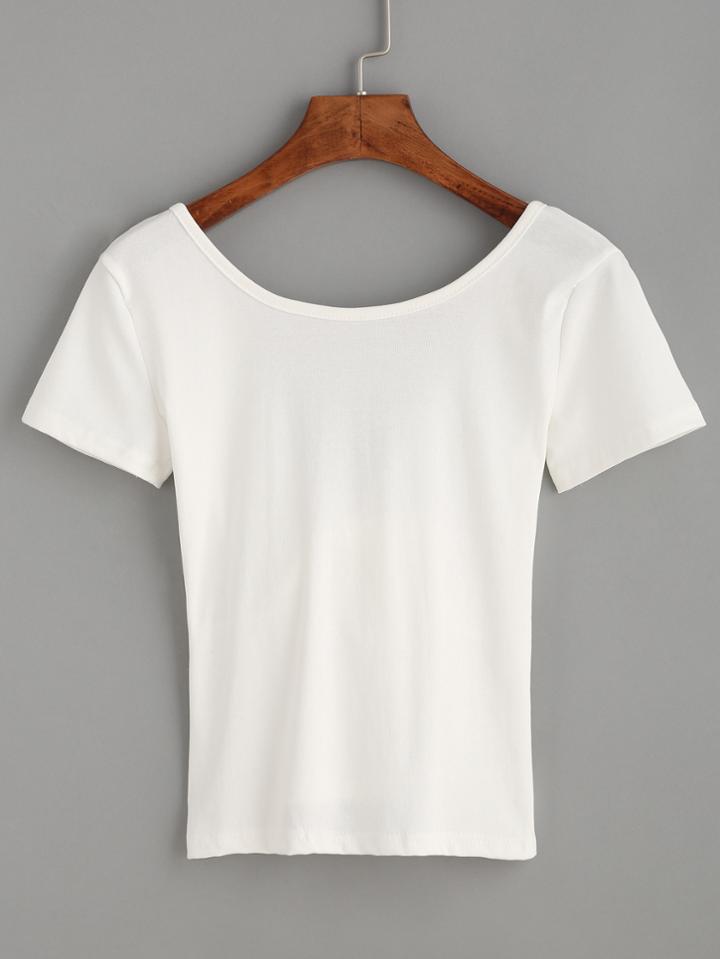 Romwe White Tied V Back T-shirt