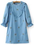Romwe Blue Embroidery Ruffle Detail Shift Dress