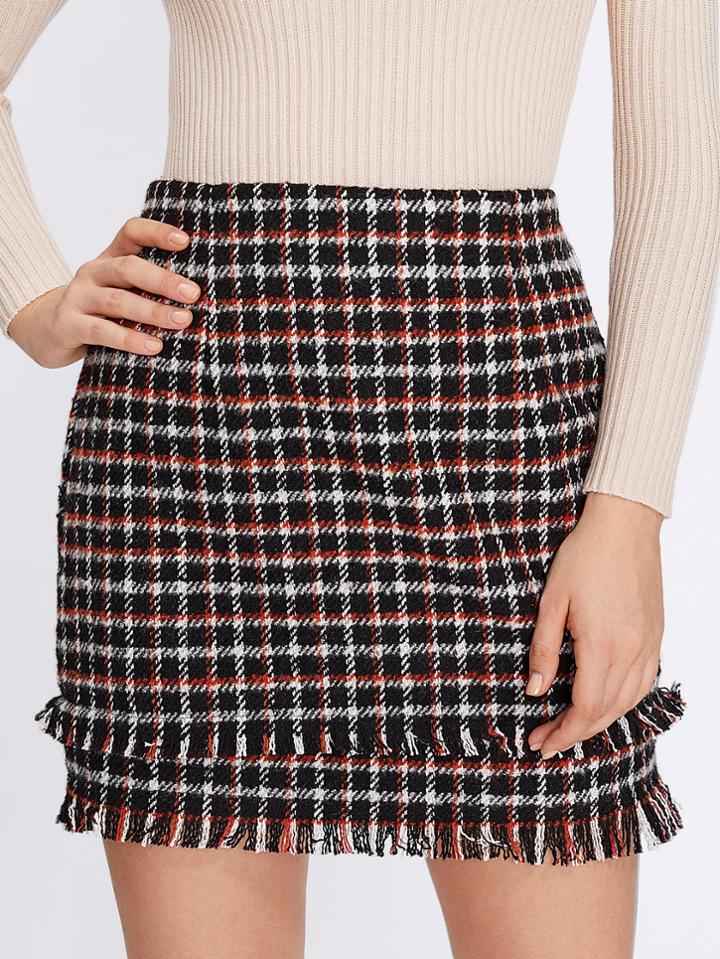Romwe Tiered Fringe Hem Plaid Skirt