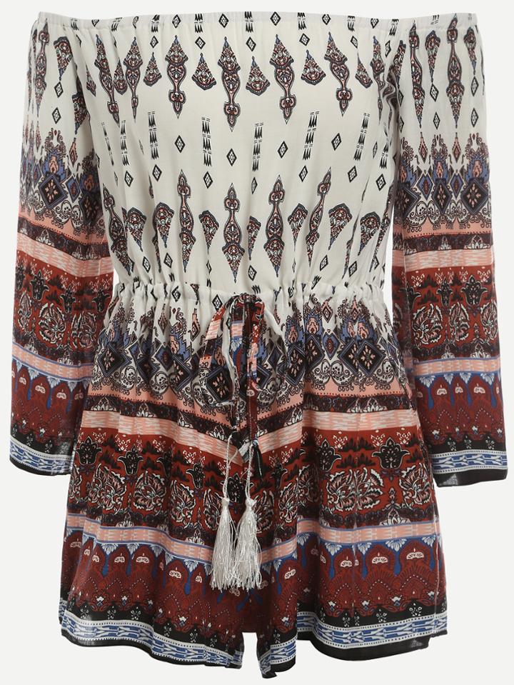 Romwe White Vintage Print Off The Shoulder Drawstring Romper