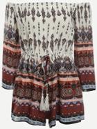 Romwe White Vintage Print Off The Shoulder Drawstring Romper
