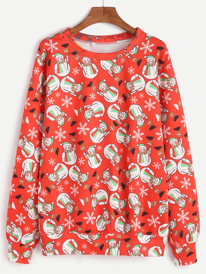 Romwe Red Snowman Print Sweatshirt