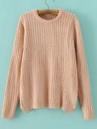 Romwe Pink Cable Knit Crew Neck Zipper Side Sweater