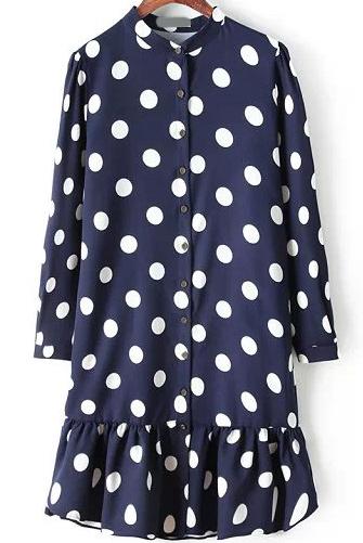 Romwe Polka Dot With Buttons Peplum Hem Navy Dress
