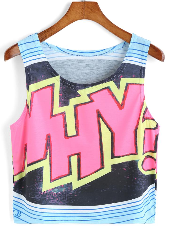 Romwe Letter Print Blue Tank Top