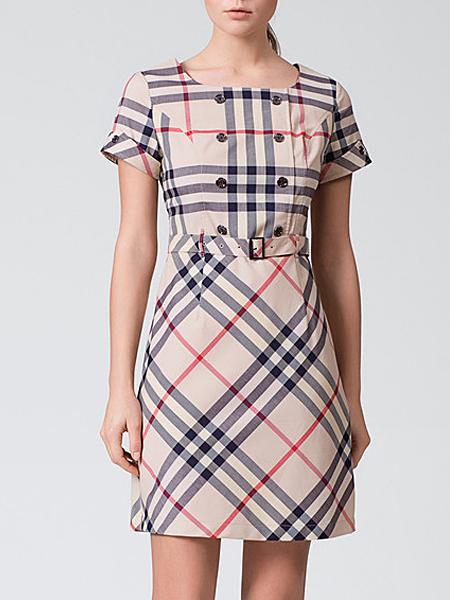 Romwe Beige Round Neck Short Sleeve Check Print Drawstring Dress