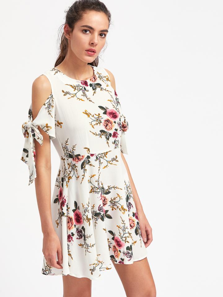 Romwe Open Shoulder Self Tie Floral Print Random Dress