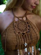 Romwe Halter Crochet Fringe Beaded Coffee Bikini Top