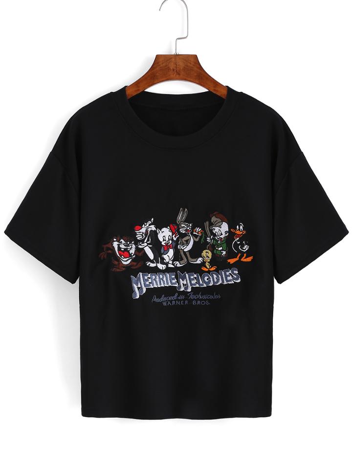 Romwe Cartoon Embroidered Black T-shirt