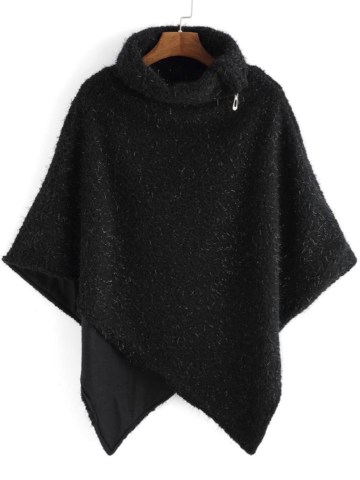 Romwe Turtleneck Asymmetrical Black Cape Coat
