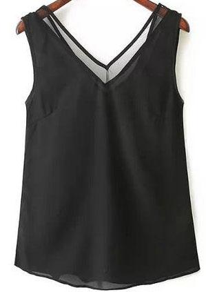Romwe V Neck With Sheer Mesh Black Tank Top
