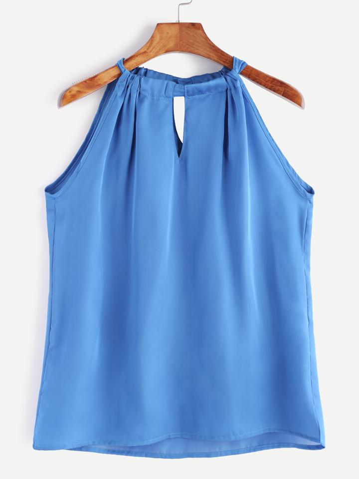 Romwe Blue Keyhole Sleeveless Halter Top