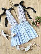 Romwe Tie Shoulder Striped Plunge Peplum Top