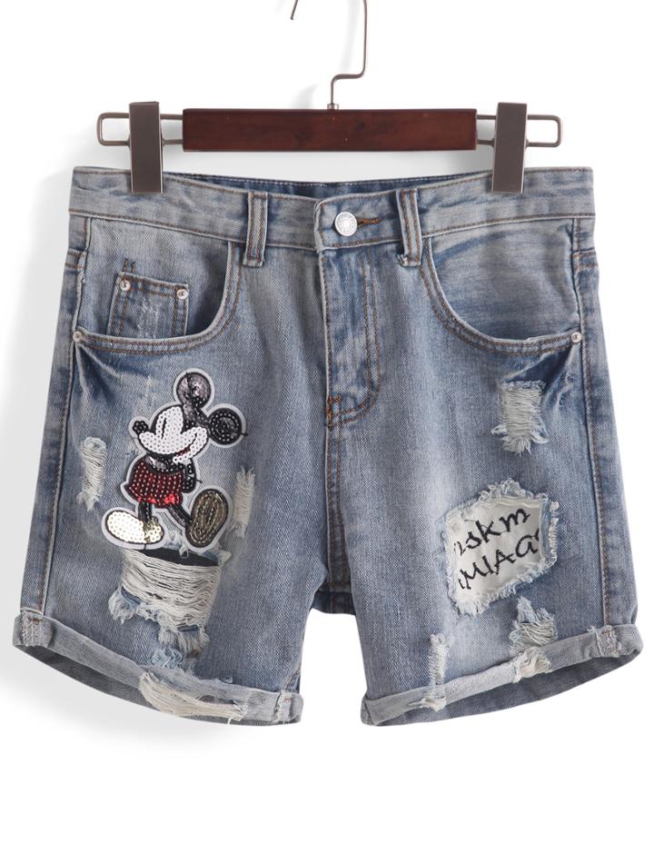 Romwe With Sequined Mickey Ripped Cuffed Denim Shorts