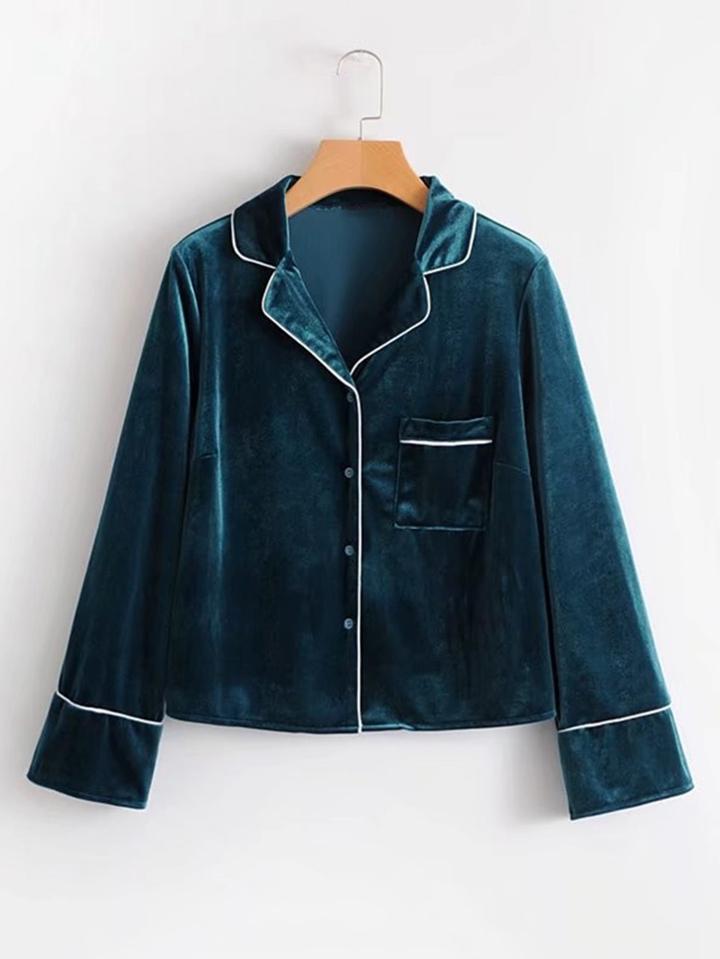 Romwe Contrast Trim Velvet Pyjama Blouse