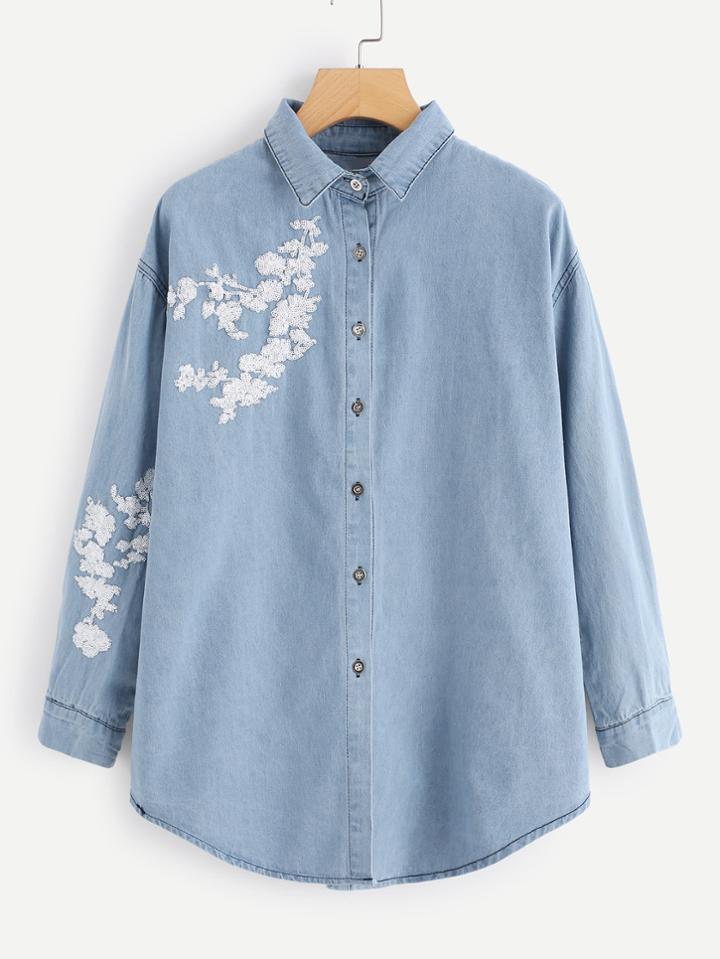 Romwe Sequin Decoration Denim Shirt