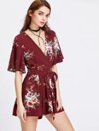 Romwe Flutter Sleeve Surplice Front Pleated Belted Playsuit