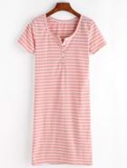 Romwe Pink Striped Button Front Knitted T-shirt Dress