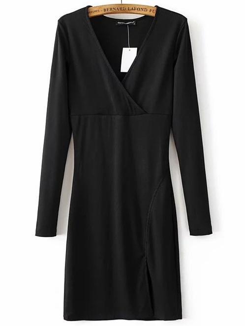 Romwe Black Ribbed V Neck Slit Dress